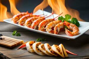 AI generated a plate of shrimp and other food on a table with fire. AI-Generated photo