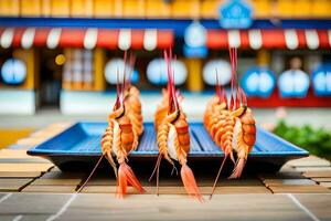 AI generated a group of shrimp on a blue tray. AI-Generated photo
