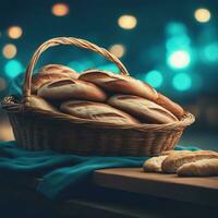 AI generated bread in a basket on a table photo