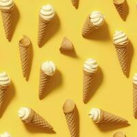 AI generated Ice Cream pattern on yellow background, top view. AI Generated photo