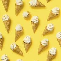 AI generated Ice Cream pattern on yellow background, top view. AI Generated photo