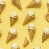 AI generated Ice Cream pattern on yellow background, top view. AI Generated photo