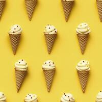 AI generated Ice Cream pattern on yellow background, top view. AI Generated photo