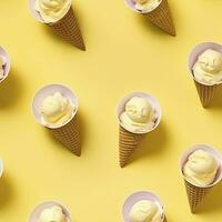 AI generated Ice Cream pattern on yellow background, top view. AI Generated photo