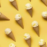 AI generated Ice Cream pattern on yellow background, top view. AI Generated photo