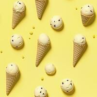 AI generated Ice Cream pattern on yellow background, top view. AI Generated photo