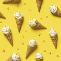 AI generated Ice Cream pattern on yellow background, top view. AI Generated photo