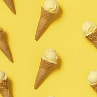 AI generated Ice Cream pattern on yellow background, top view. AI Generated photo