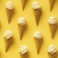 AI generated Ice Cream pattern on yellow background, top view. AI Generated photo