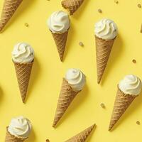 AI generated Ice Cream pattern on yellow background, top view. AI Generated photo