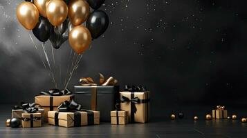 AI generated Black Friday sale banner with ballon and gift box space for text. AI Generated photo