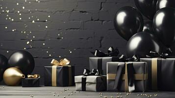 AI generated Black Friday sale banner with ballon and gift box space for text. AI Generated photo