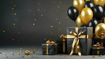 AI generated Black Friday sale banner with ballon and gift box space for text. AI Generated photo