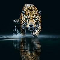 ai generado un leopardo caminando mediante agua con césped y cañas en el antecedentes foto