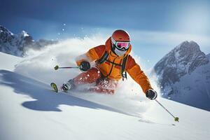 AI generated Skier Skiing On Mountain Slope. AI Generated photo