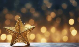 AI generated Sparkling Golden Christmas Star. Ornament Decoration Defocused Bokeh Background. AI Generated photo