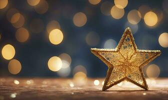 AI generated Sparkling Golden Christmas Star. Ornament Decoration Defocused Bokeh Background. AI Generated photo