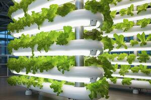 AI generated Vertical Hydroponic Plant System With Cultivated Lettuces. AI Generated photo