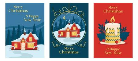Navidad tarjeta colocar. con ilustraciones de invierno casas y un ardiente Navidad vela. alegre Navidad. vector gráfico.