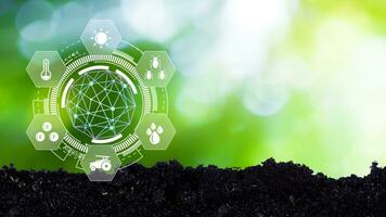 Infographics smart farming and precision agriculture with visual icon, Innovation technology for smart farm system, Agriculture management, smart technology concept modern technology. photo