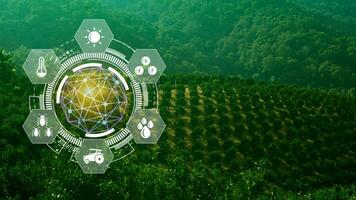Infographics smart farming and precision agriculture with visual icon, Innovation technology for smart farm system, Agriculture management, smart technology concept modern technology. photo