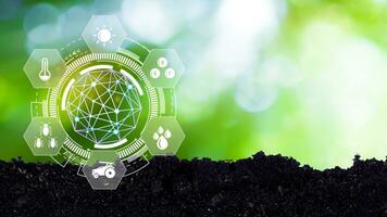 Infographics smart farming and precision agriculture with visual icon, Innovation technology for smart farm system, Agriculture management, smart technology concept modern technology. photo
