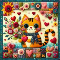 AI generated Cute red cat with heart and bouquet. Valentine card with romantic animal in felt art patchwork quilt, colorful expressionist style photo