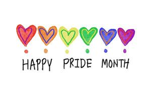 Colorful rainbow colors hearts with text Happy Pride Month on white background. Concept,  symbol of LGBT community celebration around the world in June. Support human right of gender diversity. photo