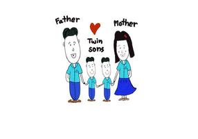 Hand drawn picture, Cute human cartoons characters of father, mother and twin sons, hold hands. Concept, warm and happy family. Illustration for using as teaching aids or design for decoration. photo