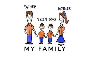 Hand drawn picture, Cute human cartoons characters of father, mother and twin daughters, hold hands.  Concept, warm and happy family. Illustration for using as teaching aids or design for decoration. photo