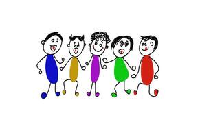 Hand drawn picture of colorful human cartoon characters are dancing. Concept, happy time with friends. Illustration for using as teaching aids or design for decoration. Love and friendships. photo