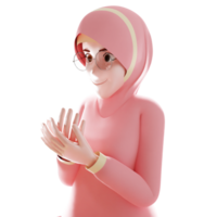3d Illustration von Muslim Frau Karikatur Charakter beten im das Monat von Ramadan auf transparent Hintergrund png