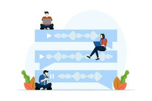 Voice message chat concept. people use microphones to record messages. Chat application. Talking Chat Speech Bubble. Modern flat cartoon style. Vector illustration on white background.