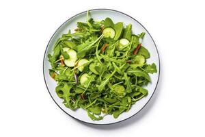 AI generated Healthy fresh green salad plate shot from above on white background. AI Generated photo