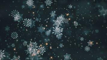 Beautiful winter snowflakes, shiny golden stars and glittering snow particles on a festive blue background. This Winter snow, Christmas motion background animation is a seamless loop. video