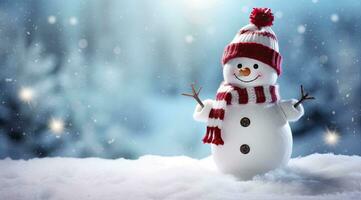 AI generated Happy snowman in the winter scenery. AI Generated photo