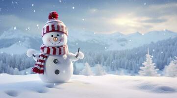 AI generated Happy snowman in the winter scenery. AI Generated photo