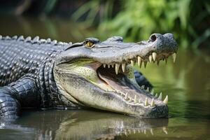 ai generado cocodrilo con sus boca amplio abierto con un verde lago en el verde antecedentes. ai generado foto