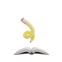 Yellow pencil writing in open book on transparent background. 3d illustration png