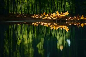 ai generado otoño hojas reflejado en el agua foto