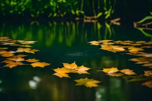 AI generated autumn leaves floating on the water in a pond photo