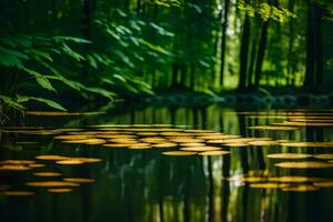 AI generated a pond with lily pads in the middle of a forest photo