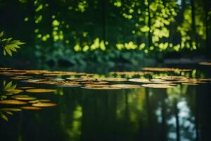 AI generated a pond with lily pads and trees in the background photo