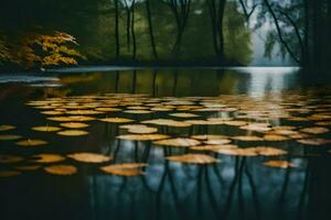 ai generado otoño hojas flotante en el agua en un bosque foto