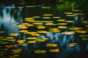 AI generated yellow lotus leaves floating on the water photo