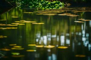 ai generado amarillo lirio almohadillas flotante en un estanque foto