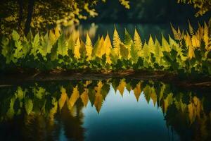 ai generado un estanque con helechos y arboles reflejado en eso foto