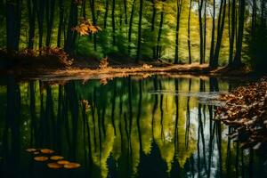 AI generated autumn forest, water, reflection, trees, water, forest, water, autumn, trees photo