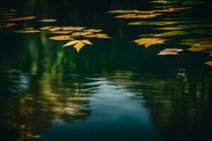 AI generated autumn leaves floating on the water in a pond photo