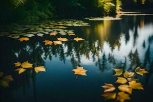 AI generated autumn leaves floating on the water in a pond photo